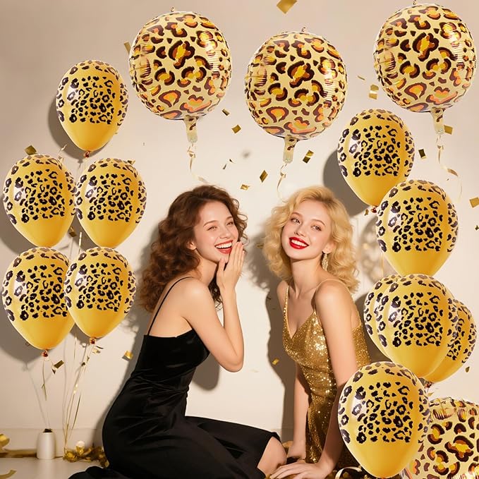 31PCS Cheetah Balloons Set with 6 Pcs 22 Inch Cheetah Print Aluminum Foil Balloons & 25 Pcs Leopard Spots Latex Balloon for Wildlife Animal Zoo Jungle Safari Themed Birthday Party Decoration