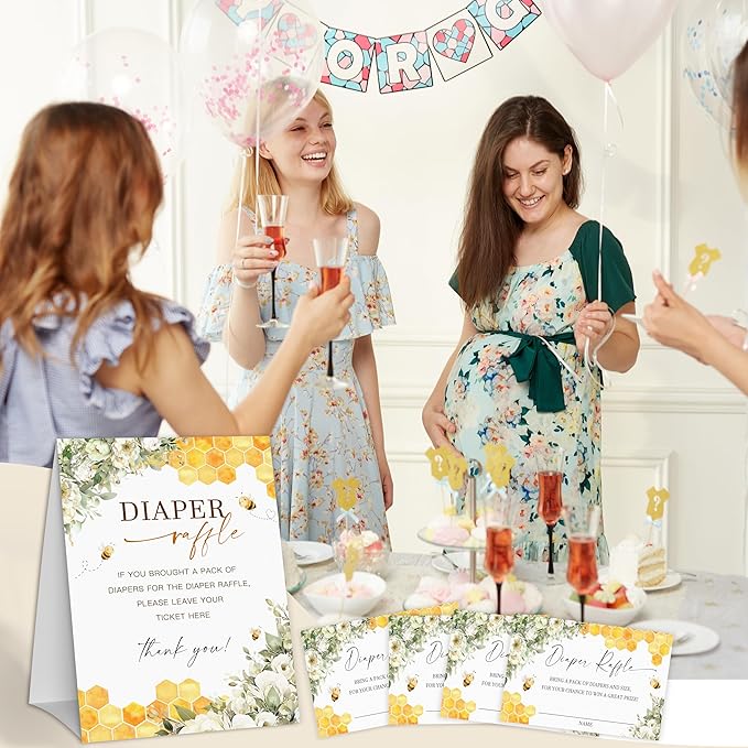 Honey Bee Diaper Raffle Game, Diaper Raffle Tickets for Baby Shower, Bee Theme Gender Neutral Tickets for Baby Shower Party Favor Decorations Supplies (1 Sign + 50 Cards)