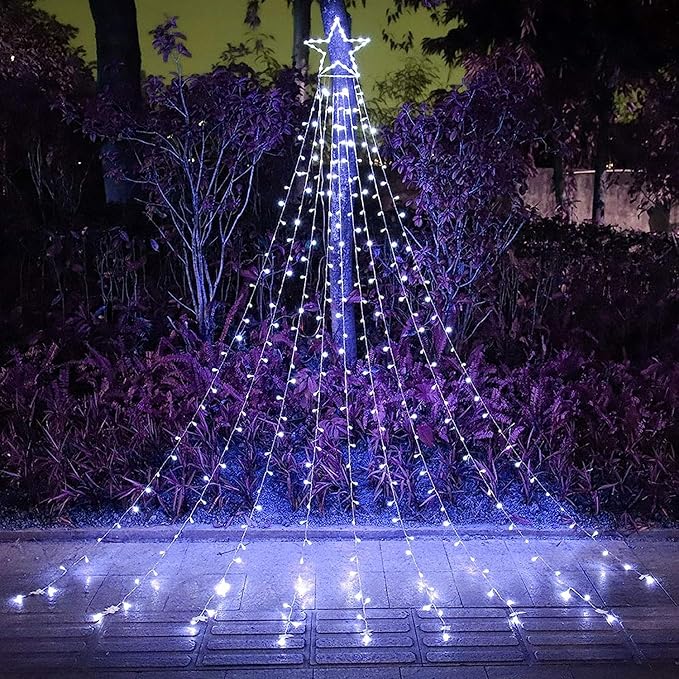 Christmas Decoration Lights, Outdoor Christmas String Lights 320 LED 11.5 Ft Waterfall Tree Light with Big Star Topper 8 Light Modes for Xmas New Year Holiday Garden Yard Indoor Outdoor Decor