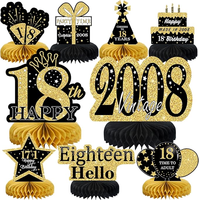 9Pcs Black Gold 18th Birthday Decorations Honeycomb Centerpieces for Boys Girls,Happy 18th Birthday Centerpieces Tables Toppers Party Decorations Supplies,Vintage 2008 Aged Table Sign Decor