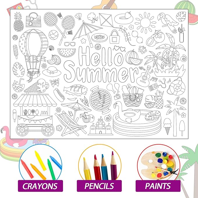 ZOIIWA Hello Summer Coloring Poster Giant Coloring Poster Large Summer Coloring Tablecloth Jumbo Coloring Books Classroom Home Birthday Party Supplies Favor 31.4 x 43.3 Inch