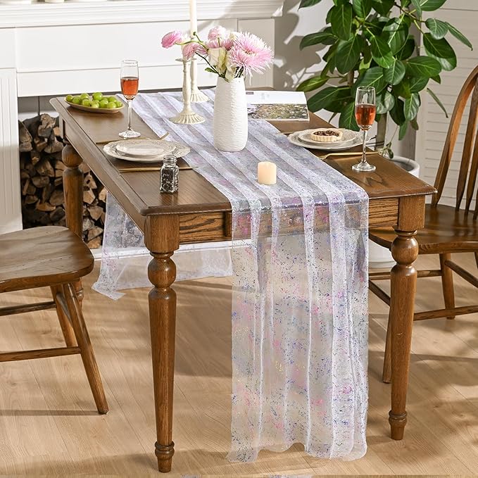 Artoid Mode 3PCS Colorful Gold Gauze Table Runner 120 Inch 10FT, Glitter Metallic Foil Sheer Dining Wedding Anniversary Holiday Birthday Table Decor for Home Party