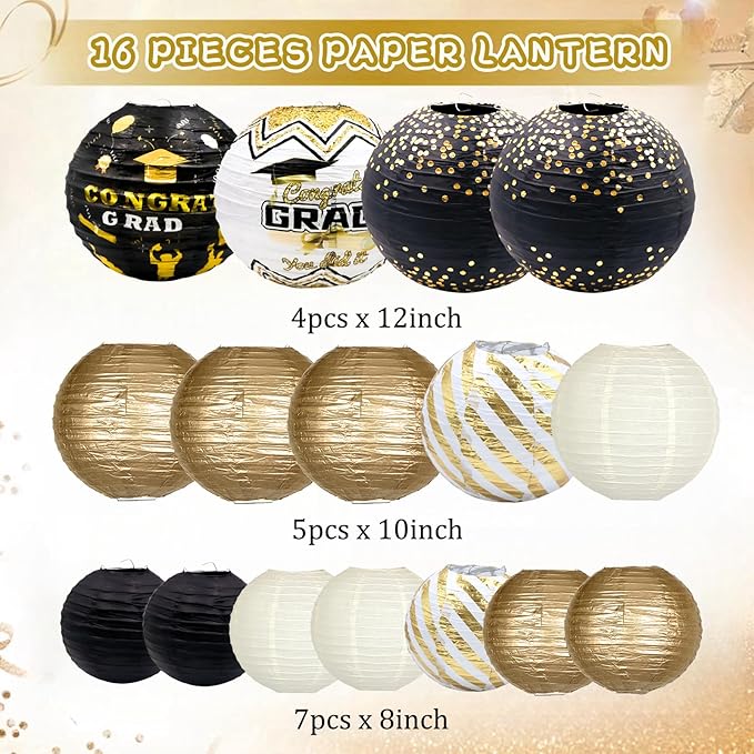 ADLKGG Graduation Paper Lanterns Party Decorations, Black and Gold Hanging Paper Lanterns for Class of 2025 Decorations, Congratulation Graduation Party Supplies, School, Home, Car Grad Decor, 16PCSs
