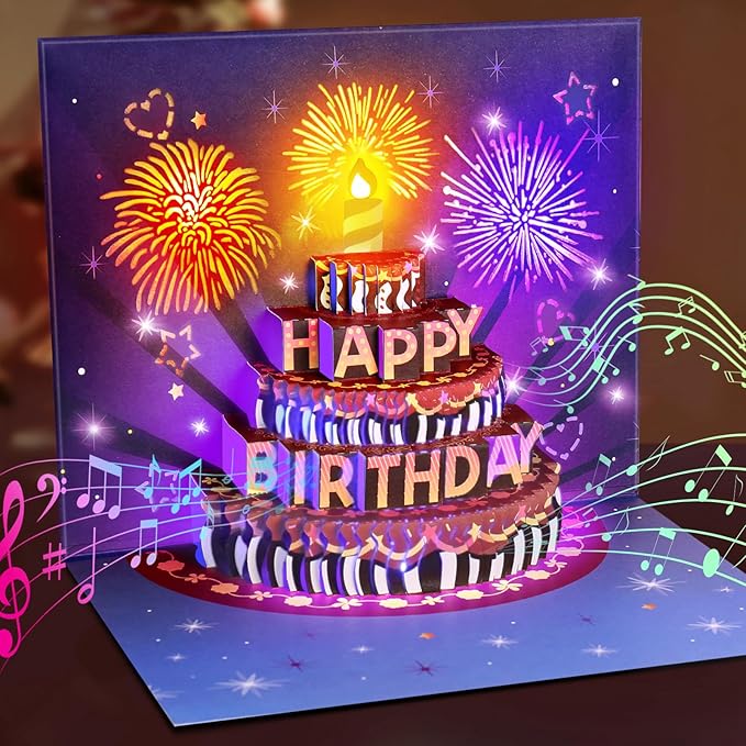 INPHER UPGRADED Birthday Cards Fireworks Pop Up Cake Light and Music Happy Birthday Gifts Decorations for Women, Men, Mom, Grandma
