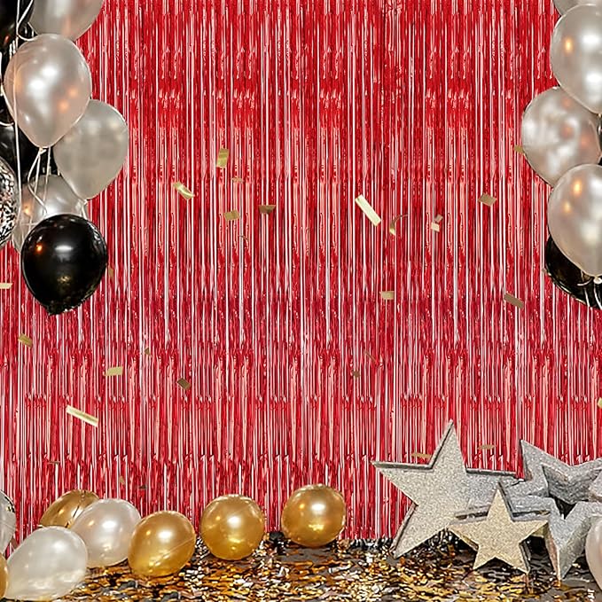 2 Pack Foil Fringe Backdrop - Red Shiny Tinsel Curtains for Party Decoration/Photo Booth Props - 3.3x6.6 FT Metallic Foil Backdrop for Birthday, Wedding, Graduation, Christmas.