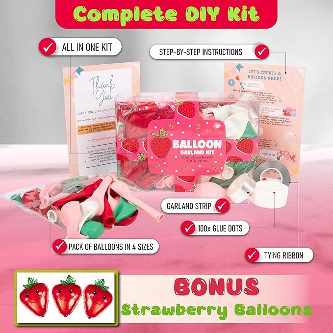 ALL-IN-1 Strawberry Balloon Arch Kit & Garland with BONUS Strawberry – Small and Large Red Pink Green Strawberry Balloons – Strawberry Shortcake Party Decorations Supplies for Birthday & Baby Shower