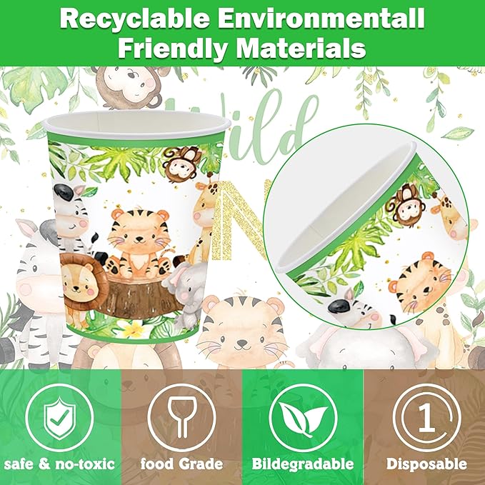 222 PCS Wild One Birthday Decorations, Jungle Safari Baby Shower Decorations Tableware Set with Animal Plates Napkins Cutlery Tablecloth Banner for 20 Guests