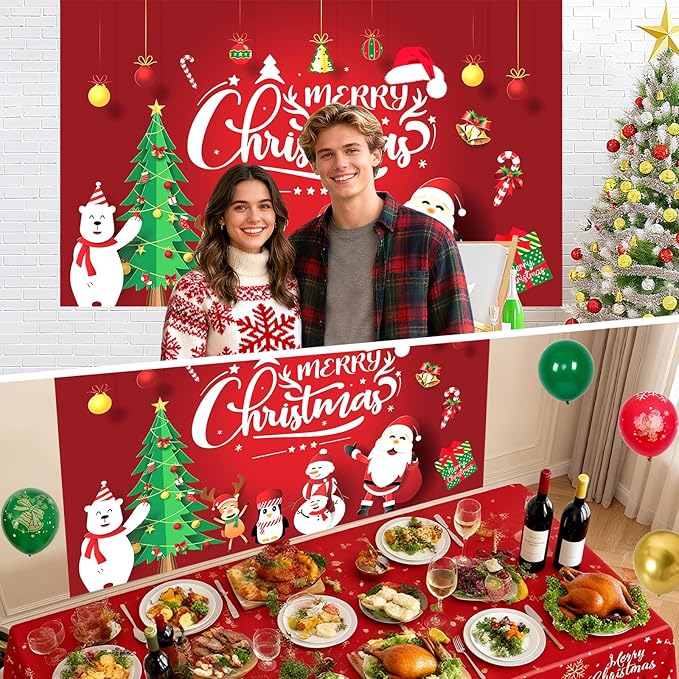 Christmas Party Decorations, Balloon Arch Garland Kit for Kids with Green Red Balloons, Merry Christmas Backdrop Banner Tablecloths Hanging Swirls Pendant for XMAS Decorations Supplies
