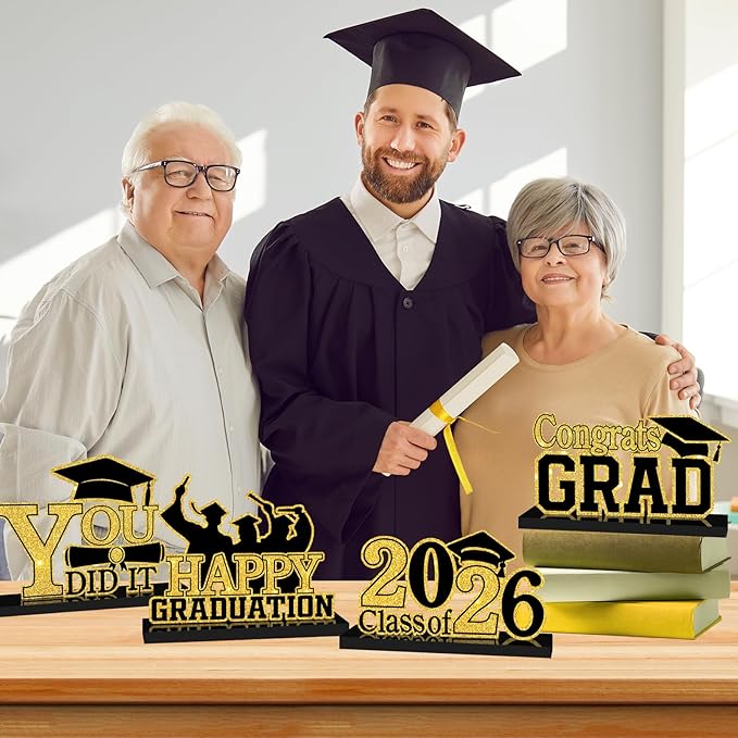 4Pcs Graduation Decorations Class of 2026 Wood Table Centerpieces Congrats Grad Wooden Sign Graduation Table Toppers Congratulate Tiered Tray Decor for 2026 Graduation Party (Black-Gold)