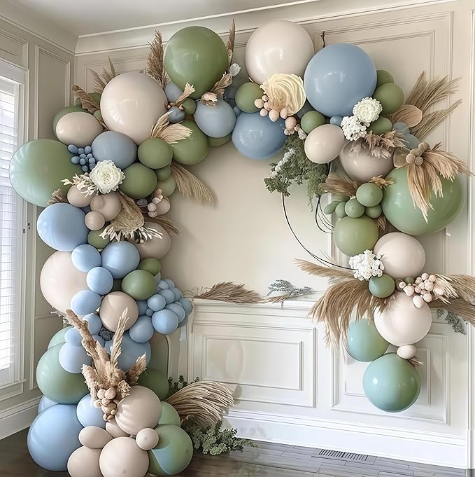 Sage Green and Blue Balloons, 35PCS Olive Green Dusty Blue Beige Cream Latex Balloon, Baby Boy Shower Balloons for Kids Rabbit Theme Baby Shower Birthday Boho Bridal Wedding Party Decorations Supplies