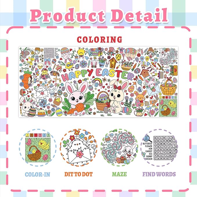 Easter Coloring Tablecloth - 71 x 31.5 Inches Large Coloring Poster, Easter Party Decorations - Crafts, Games, Basket Stuffers, Classroom Activities