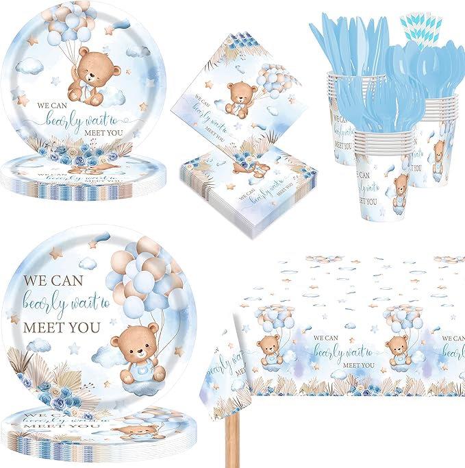 Bear Baby Shower Decorations for Boy – 193 Pcs We Can Bearly Wait Party Supplies for 24 Guests, Includes Plates, Napkins, Cutlery, Tablecloth – Blue Bear Theme Baby Shower Decor