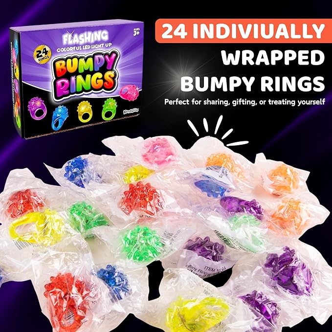 Kangaroo 24 Pack LED Light up Rings for Kids Bulk - Flashing Colorful LED Finger Lights Party Favors for Fun - Glow in the Dark Bumpy Blinky Rings for Rave Trinkets and Easter Basket Stuffers for kids