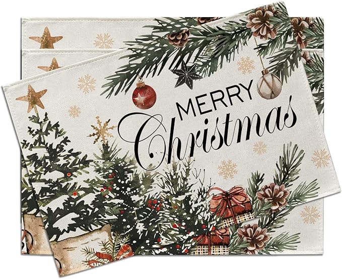 Merry Christmas Tree Placemats Set of 4, Xmas Balls Gifts Pine Branches Dining Place Mats Table Decor, Winter Holiday Gold Snowflake Home Kitchen Decoration 12 x 18 Inches
