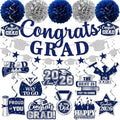 Navy Blue Graduation Decorations, Glitter Congrats Grad Banner Hanging Swirls and Tissue Pom Poms, Navy Blue and Silver Graduation Decorations for Class of 2026 College Graduations Party Decorations