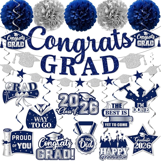 Navy Blue Graduation Decorations, Glitter Congrats Grad Banner Hanging Swirls and Tissue Pom Poms, Navy Blue and Silver Graduation Decorations for Class of 2026 College Graduations Party Decorations