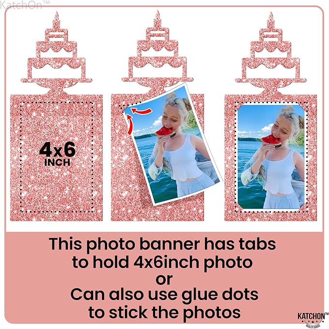 KatchOn, Glitter Rose Gold Happy Birthday Photo Banner - Prestrung, 10 Feet | Bday Picture Banner Decoration for Happy Birthday Decorations | Rose Gold Party Decorations