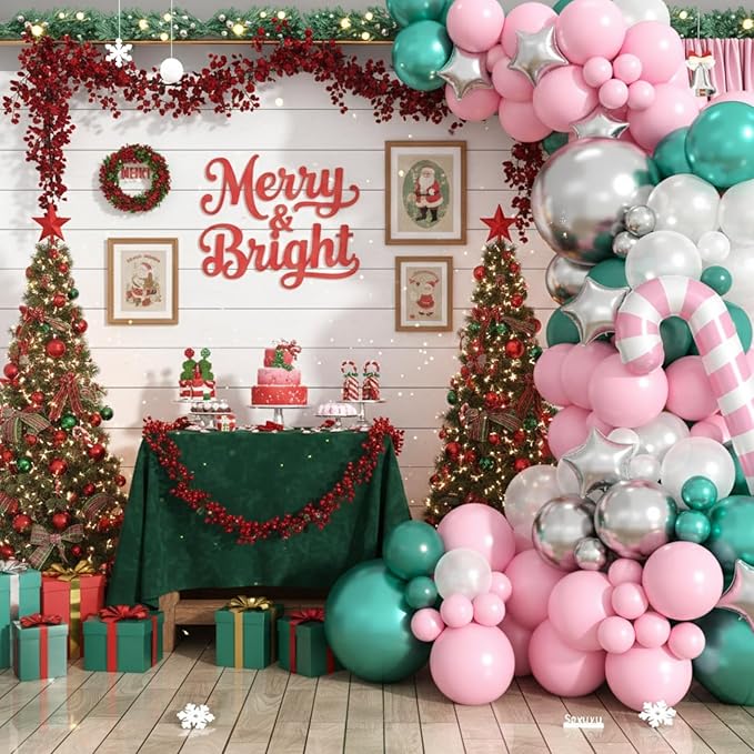 Christmas Balloon Arch Kit, Pink Green Metallic Silver Pearl Balloons with Star Foil, Pink Candy Cane, Green Candy Balloons for Birthday Party Decorations Baby Shower Backdrop