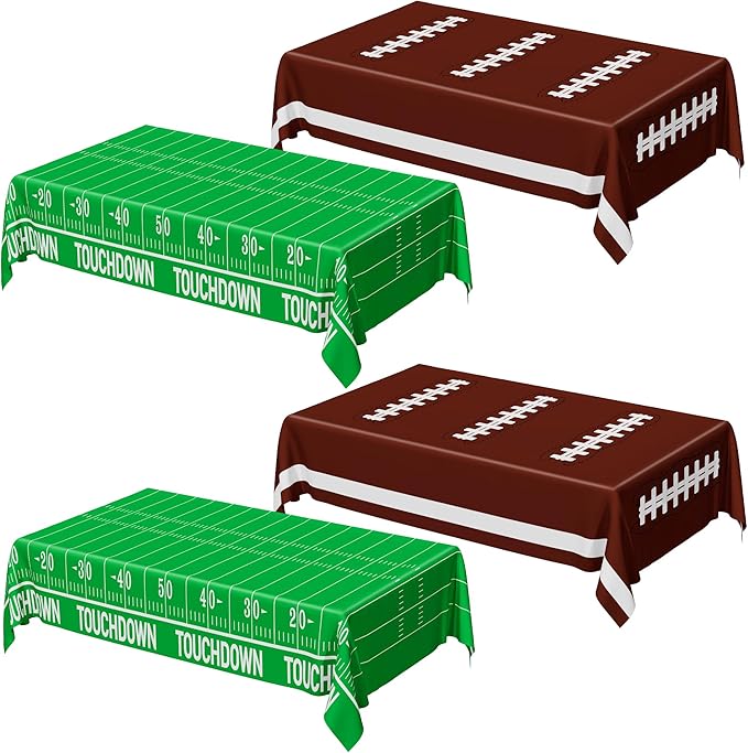 QZYL Football Party Supplies, Disposable Football Tablecloth, 4 PCS Table Cloth with 2 Styles, Touchdown Theme Tablecloths, Plastic Table Runner for Game Day Party Decorations
