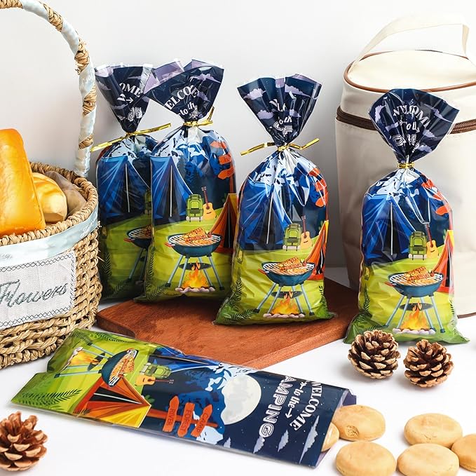 Docvania Camping Cello Cellophane Treat Gift Bags Camp out Cookie Bags 100 pcs 5 X 11 Camp Goodie Bag with Ties for Camping, party decorations and festivals