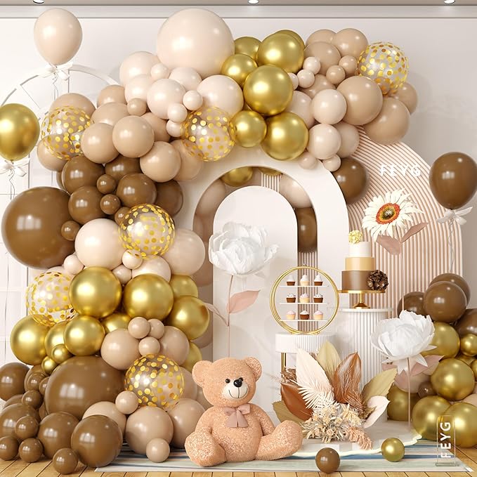Brown Balloon Garland Arch Kit, Double Stuffed Brown Nude Cream White Balloon Metallic Gold Confetti Balloons for Neutral Gender Reveal Baby Shower Safari Birthday Party Decorations Supplies