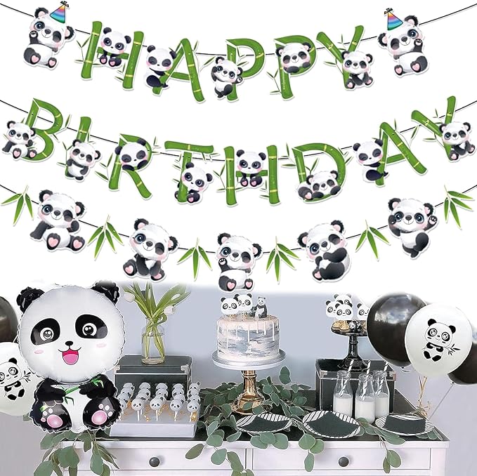 Zwiebeco Pandas Happy Birthday Party Decoration Green Black White Bamboo Leaves Sign Banner Hanging Paper Garland Bunting for Babys Kids Themed Accessories Supplies