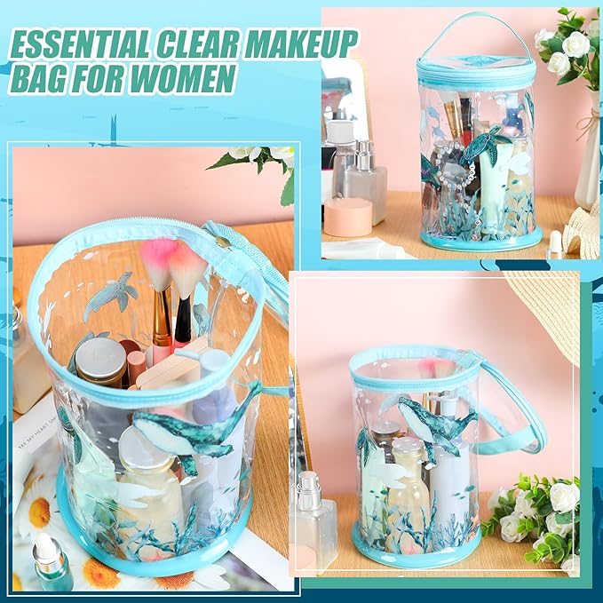 Sanwuta Beach Gifts Heavy Duty Clear Lotion Toiletry Bags for Travel Sunscreen Makeup Cosmetic Pouch Cylinder Bag Waterproof Portable Trip Bag with Handle Zipper(Turtle)