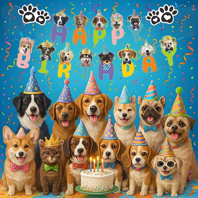 Happy Birthday Dog Birthday Banner,Dog Face Birthday Party Banner Backdrop Decoration, Pet Theme Party Decoration for Golden Doodle Teddy Husky Labrador