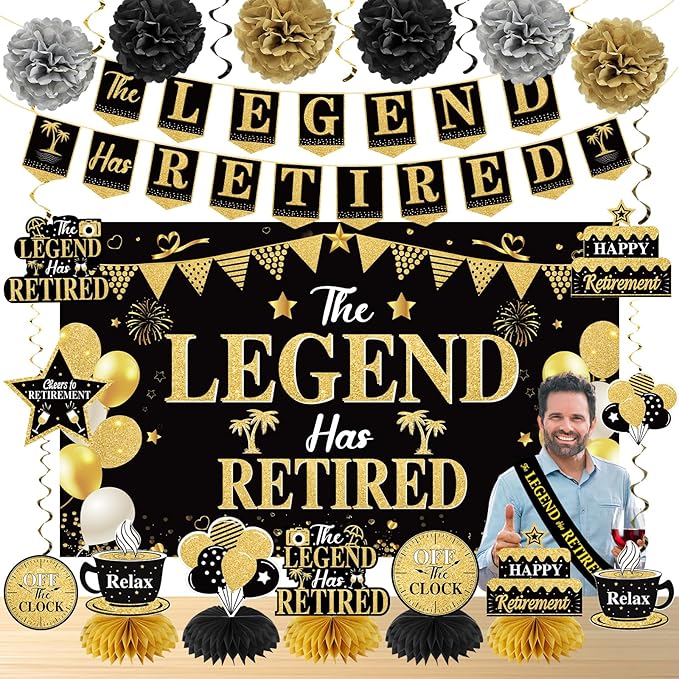 Retirement Party Decorations for Men Black Gold Happy Retirement Party Supplies Kit The Legend Has Retired Banner Backdrop Sash Table Centerpieces Hanging Swirls Pompoms 20PCS
