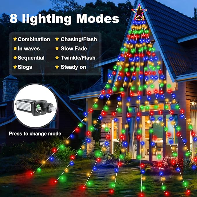 Christmas Decorations Outdoor,11.5 ft 317 LED Star Christmas Tree Lights,8 Memory Lighting Modes&Timer Star Light for Yard,Wedding,Party, Decorations(Multicolor)