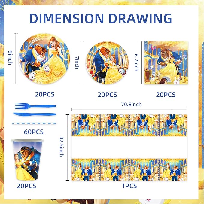 deenor 141pcs Beauty and The Beast Birthday Tableware Decorations Party Plates Cups Soccer Theme Napkins Beach Ball Tablecloth for Soccer Party Decoration (Beast)