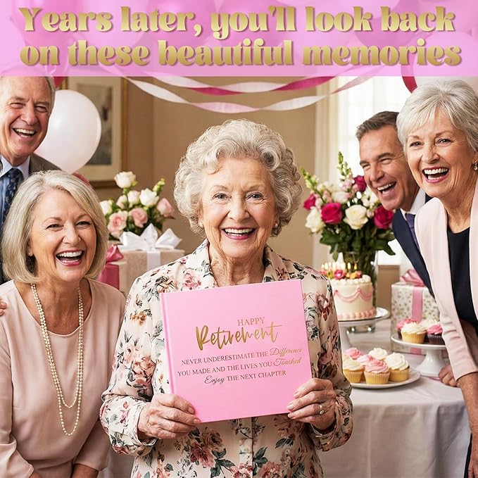 2026 Retirement Guest Book with 2 Markers 8.7'' Square Hardcover Blank Guest Photo Signing Memory Book Happy Retirement Gift Party Supplies for Women Men Teacher Grad Decor (Pink,Fresh)