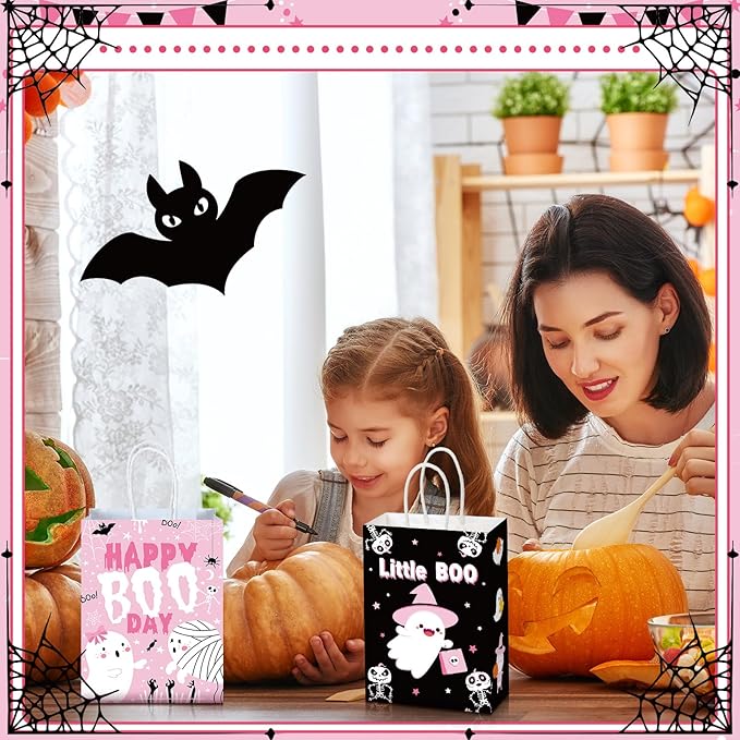 24 Pcs Halloween Party Favors Bags with Handle Trick or Treat Gift Bags Boo Gift Ghost Black and Pink Pumpkin Candy Halloween Goodies Present for Wrapping Birthday Party
