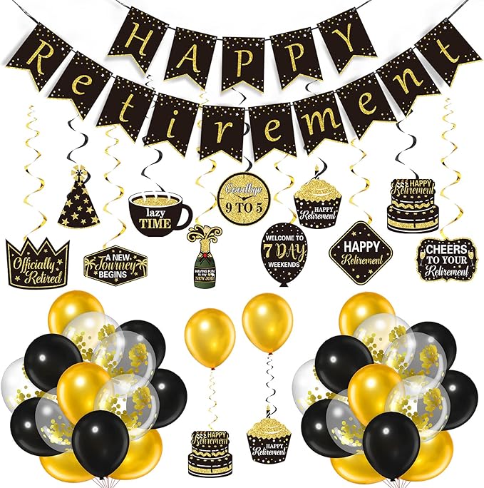 Tenare 44 Pcs Retirement Party Decor Kit: Banner, Swirls, Balloons & Ribbons (Black and Gold)