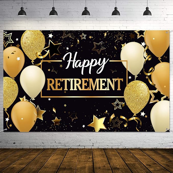 Blulu Retirement Party Decorations, Extra Large Fabric Retire Sign Banner Photo Booth Backdrop Background with Rope for Retirement Party Favor(70.8 x 43.3 Inch,Black and Gold)