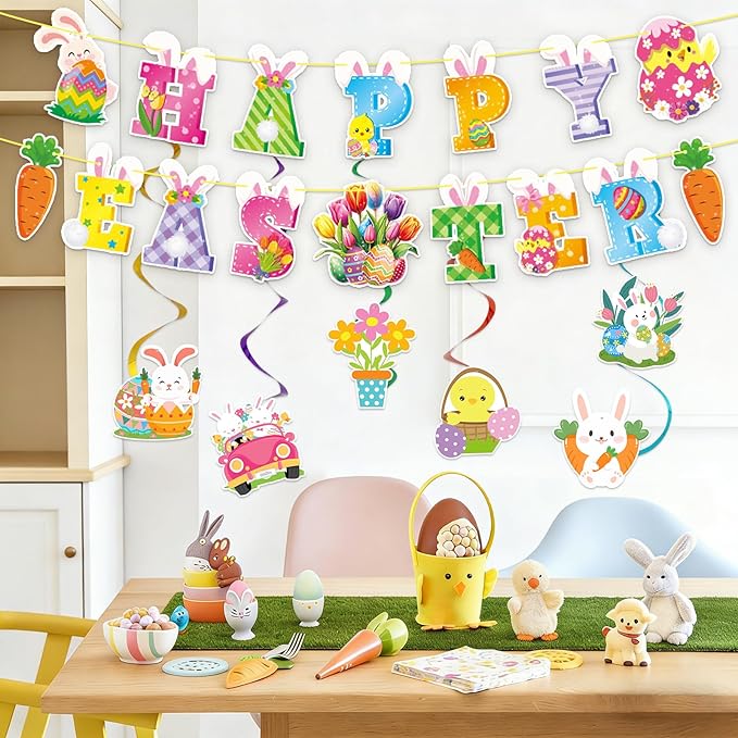 52 Pcs Easter Banner, Happy Easter Garland with Hanging Swirls, Cute Egg Bunny Sign Decorations for Office Home, Easter Party Supplies