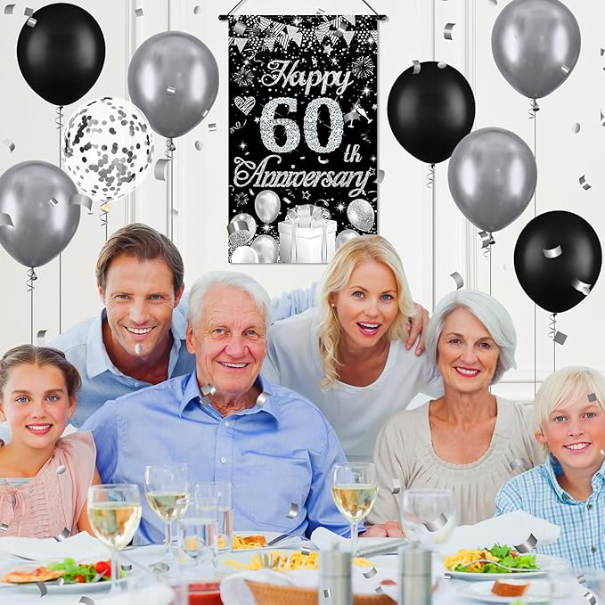 60th Anniversary Decorations Small Banner Black Silver Happy 60th Anniversary Door Hanging Banner Porch Front Door Decor for Women Men 60 Years Diamond Wedding Anniversaries Cruise Door Sign Supplies