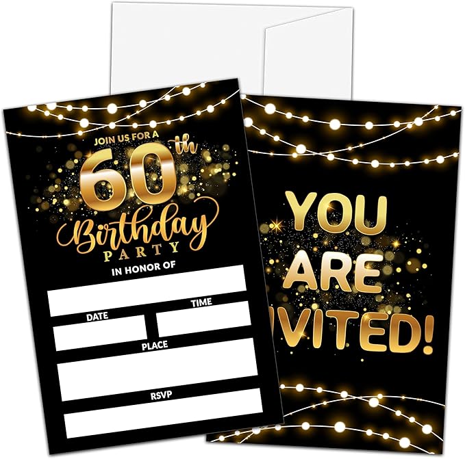 60th Birthday Invitations, Birthday Party Invitations For Women Men, 60 Year Old Birthday Invites, Black Gold Birthday Party Decorations Favors, 20 Invitations with 20 Envelopes - C04