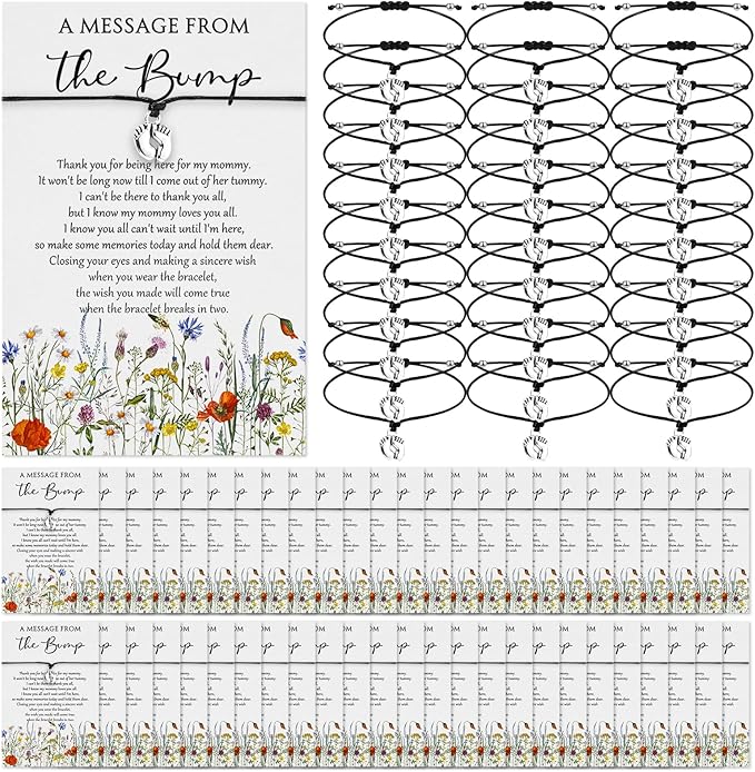 Thyle 50 Set Wildflower Baby Shower Favors for Guests Adjustable Bracelets with Message from the Bump Card Footprints Charm Baby Shower Bracelets for Gender Reveal Thank You Gifts