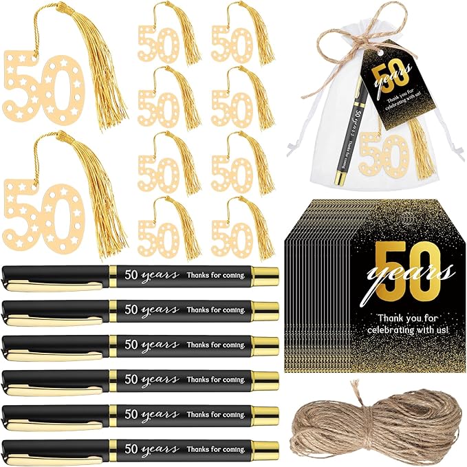 Spakon 25 Set 50th Birthday Party Favor for Guest Anniversary Party Favor Golden Birthday Bookmark Thanks for Coming Pen with Tag Appreciation Gifts for Women Men Wedding New Year