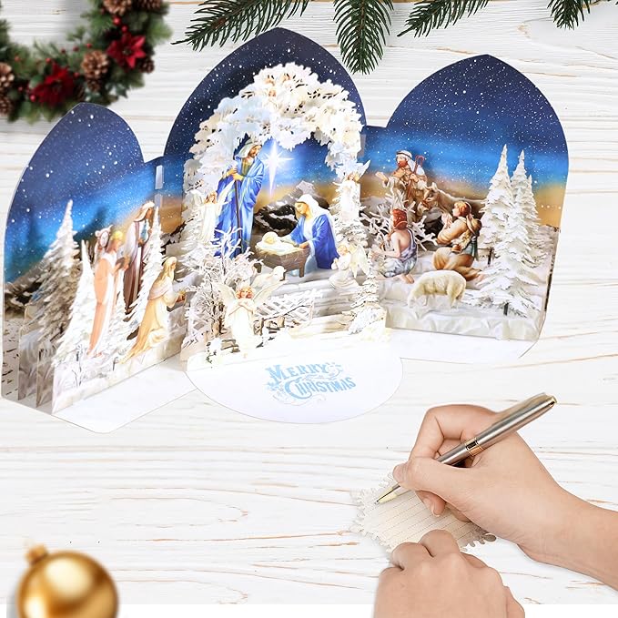 Pop up Christmas Cards Nativity, 3D Holy Night Nativity, Religious Card with Envelope for Holiday, Manger Scene, Angel, Jesus Christ, Holy Family, Handcrafted Decoration, Merry Christmas Gift