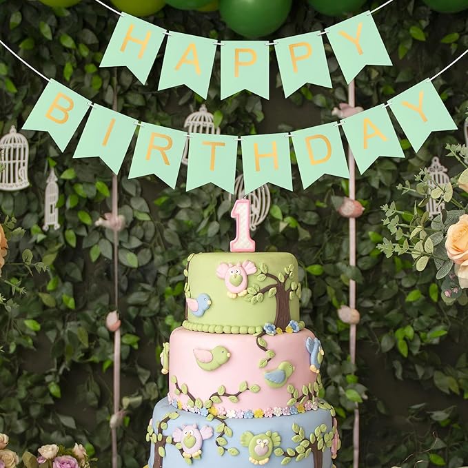 Green Happy Birthday Banner - Mint Green Hanging Backdrop Sign with Gold Letters, Happy Birthday Sign Bunting Decorations for Women men Kids Baby Shower Party Supplies (13pcs)