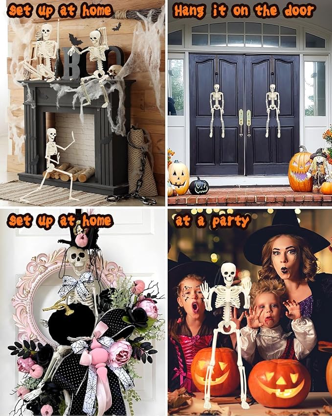 5 Pack Posable Skeleton Halloween Decorations, 16in Halloween Skeleton Decor- Full Body Movable Joints with 22 Spiders & Cobweb, Outdoor/Indoor Scary Party Graveyard Props Hanging Skeletons