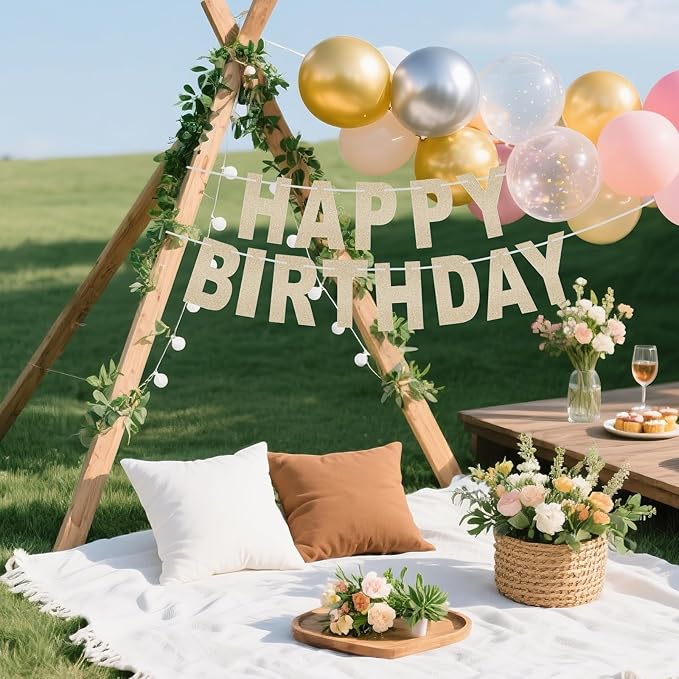 Happy Birthday Banner Gold Glitter Banner for Women and Men - Birthday Party Hanging Decorations (gold)