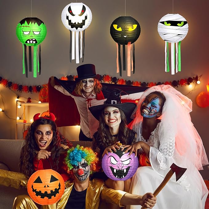 VIHOSE 12 Pcs Halloween Hanging Decorations Paper Lanterns, Jack-o-Bat Lanterns with Tassels Halloween Lantern Decorative for Indoor Outdoor Party Trick-or-Treat Event Supplies