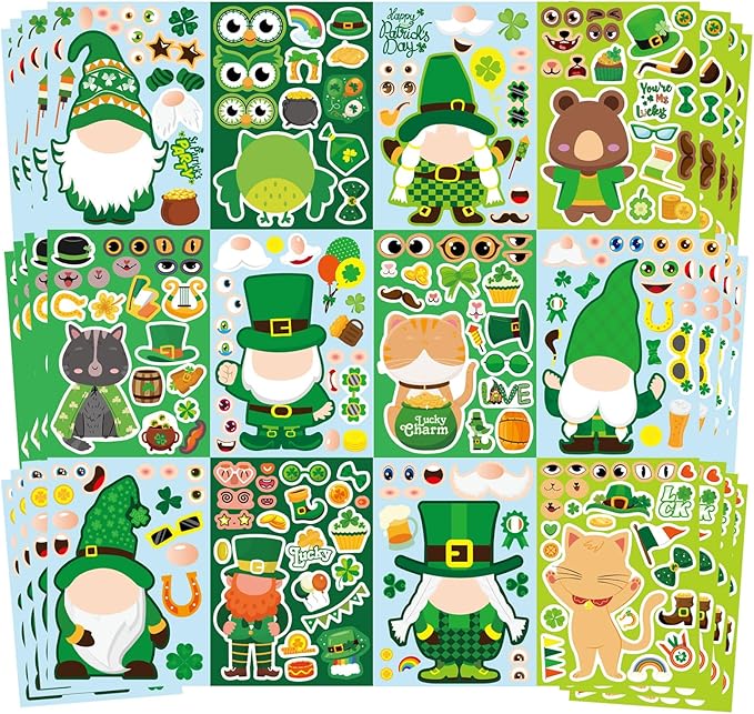 48 Sheets St. Patrick's Day Make a Face Stickers, Saint Patrick's Gnomes and Animals Crafts Stickers for Kids, Classroom Gifts and Party Favors Supplies