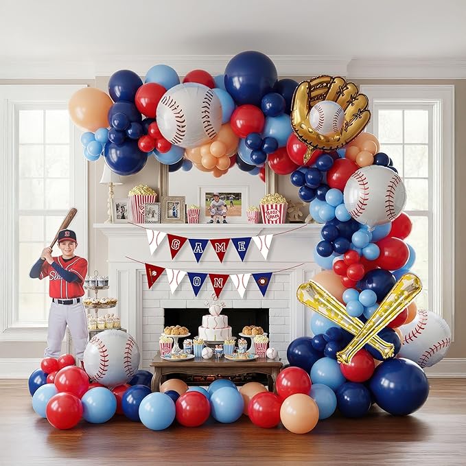 Baseball Balloon garland kit 170pcs Navy Blue Red White and Diy large Starburst Baseball bat glove balloons fot Sport theme Party Rookie Year 1st Birthday decorations