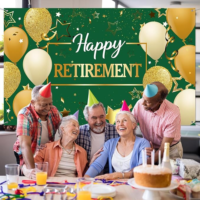 Blulu Retirement Party Decorations, Extra Large Fabric Retire Sign Banner Photo Booth Backdrop Background with Rope for Retirement Party Favor(72.8 x 43.3 Inches,Green and Gold)