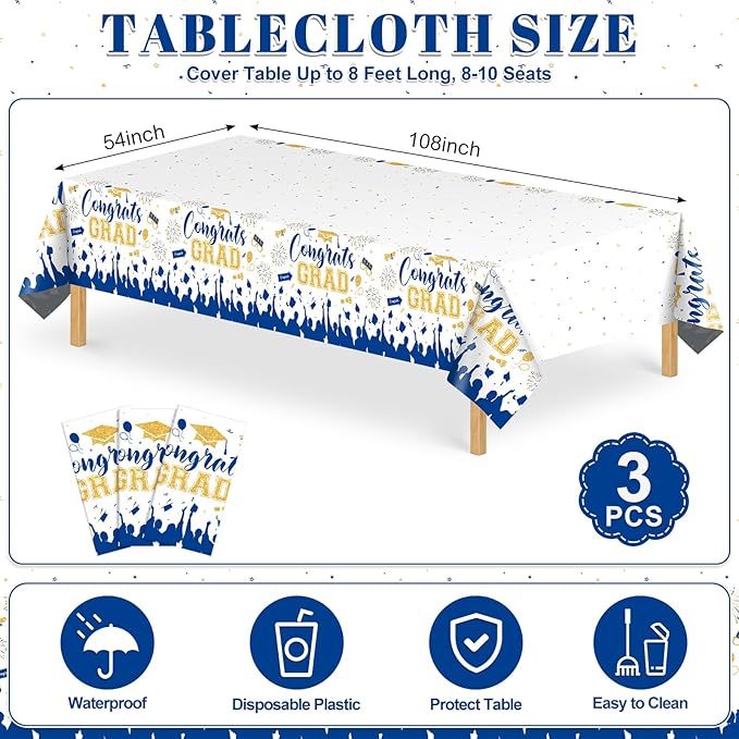 3 Pack Plastic Graduation Tablecloth, Graduation Decorations 2026 Disposable Rectangle Blue White Table Cover, 2026 Gongrats Grad Table Cloths for Graduation Party Decorations, 54x108Inch