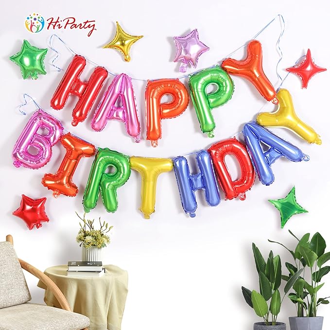 Happy Birthday Banner,16 Inch Mylar Happy Birthday Balloons, 24pcs Foil Letters Balloons with 6pcs Star Balloon, Birthday Party Decorations for Kids Girls Boys Women Adults-Rainbow